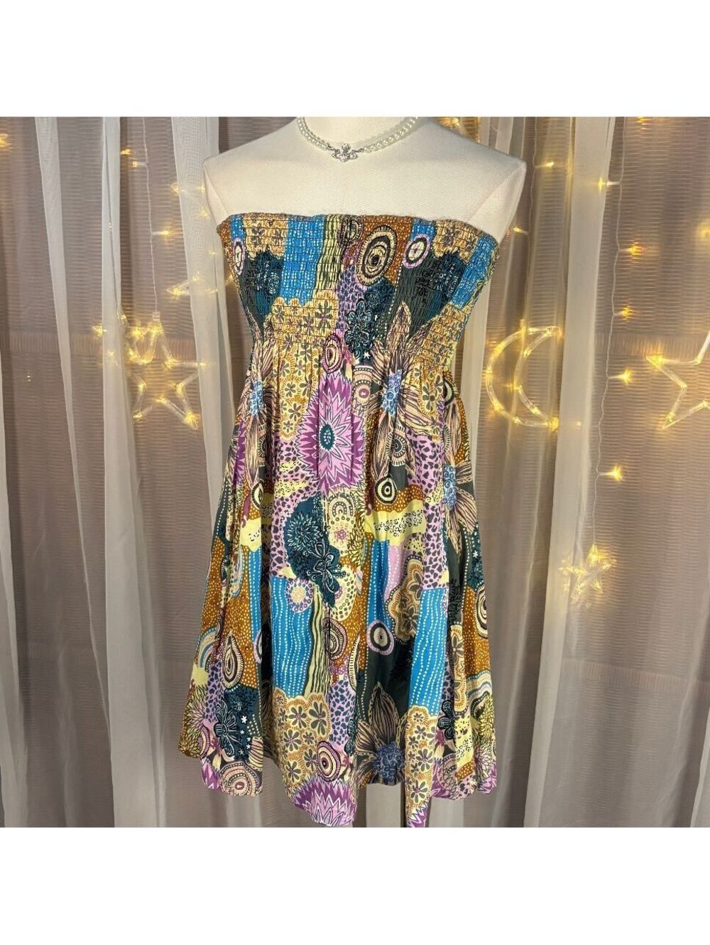 Vivante Patchwork Paisley Strapless Smocked Boho Mini Dress OS Festival Indie